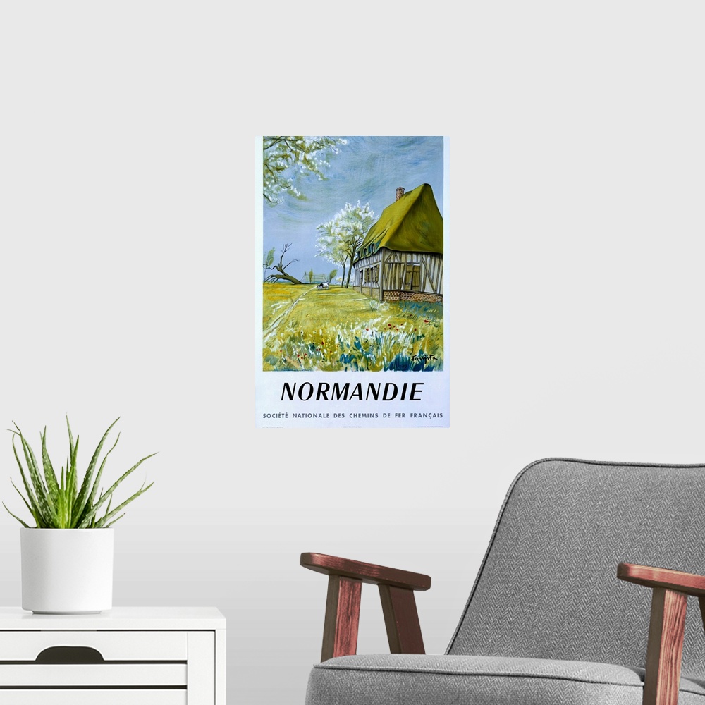 A modern room featuring Normandie, House and Flowers, Vintage Poster