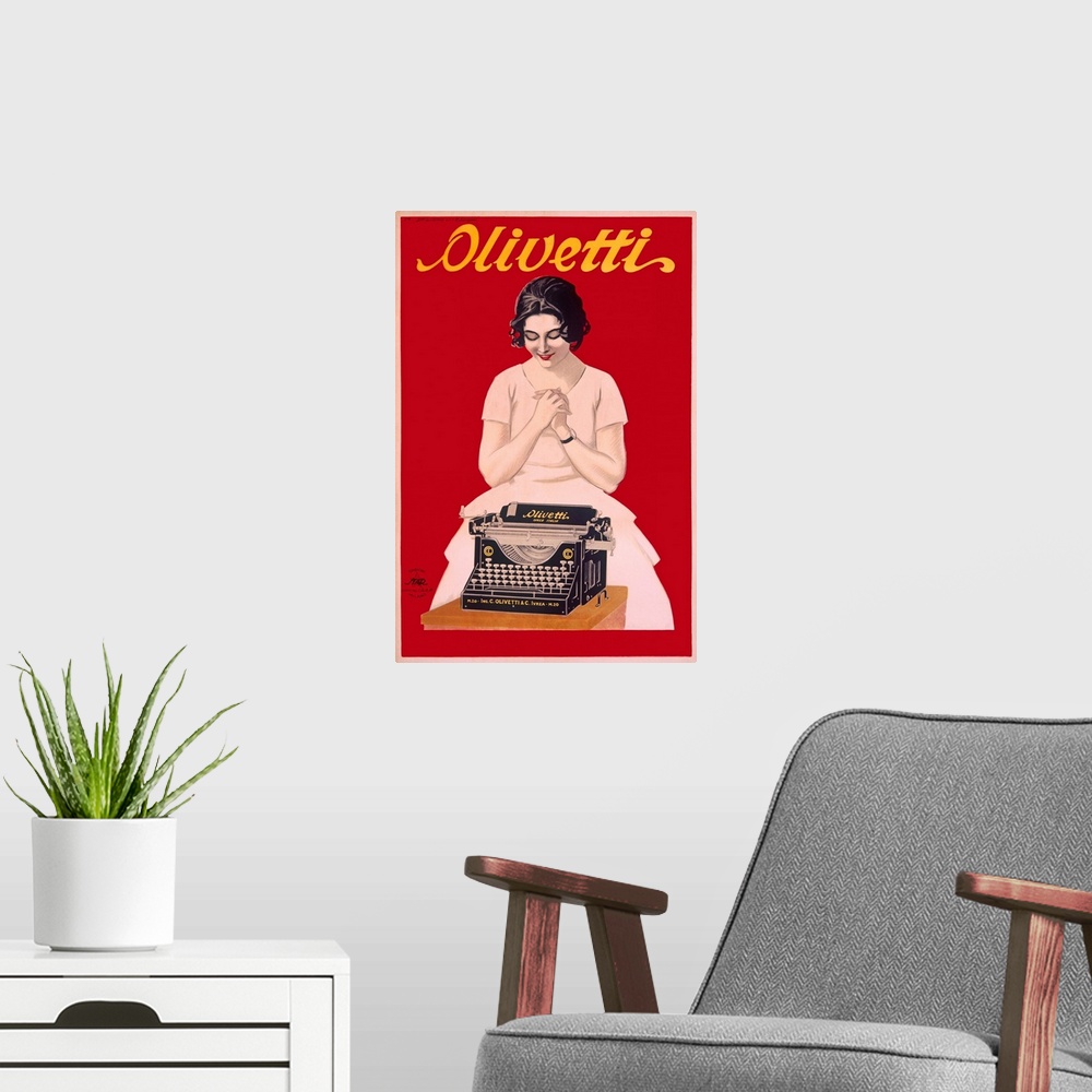 A modern room featuring Large, vertical, vintage advertisement for Olivetti typewriters, a woman in a dress, happily look...