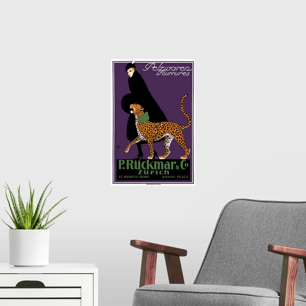 A modern room featuring Vintage travel poster for Zurich of a woman in a black hat and dress coat walking side by side a ...