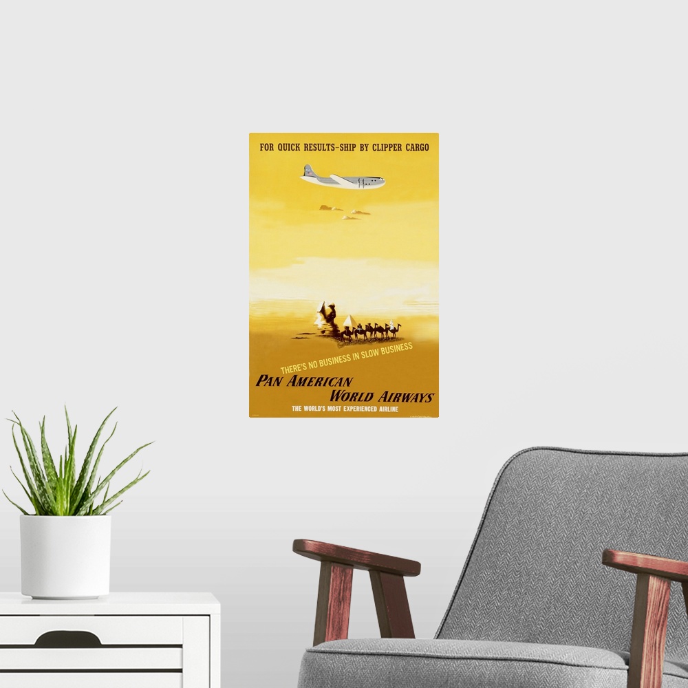 A modern room featuring This is a vertical retro advertisement of a cargo plane flying over a drawing of the Sphinx and c...