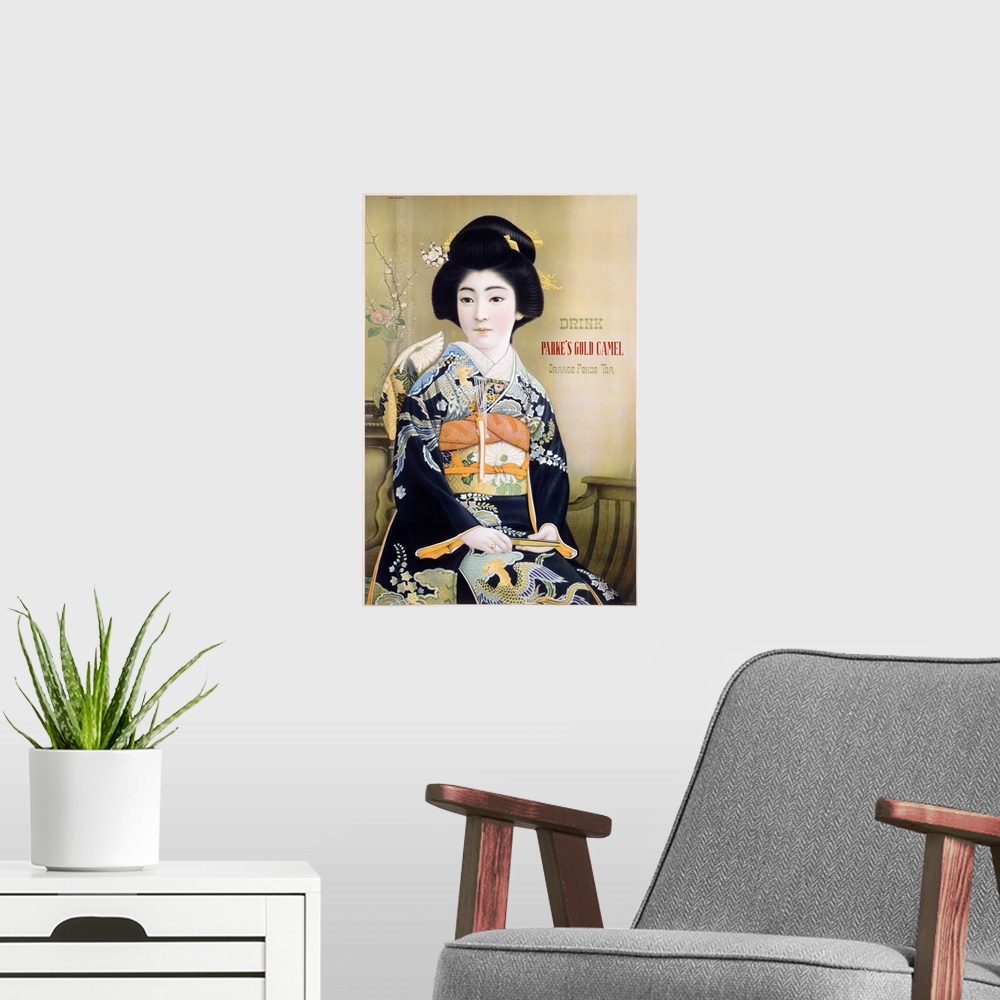 A modern room featuring Parkes Gold Camel, Vintage Poster