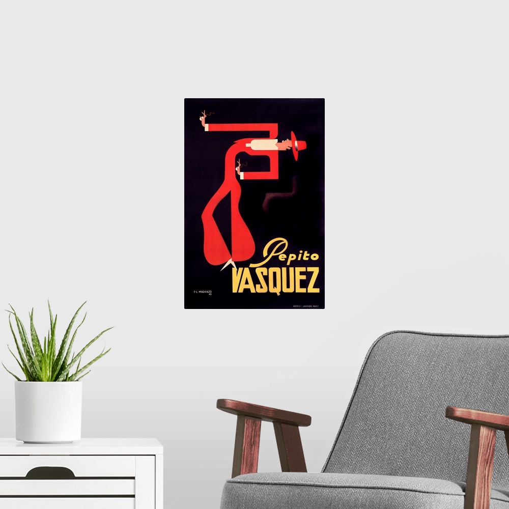 A modern room featuring Vintage advertisement featuring a Spanish dancer with a sharp red hat and a matching suit, done i...