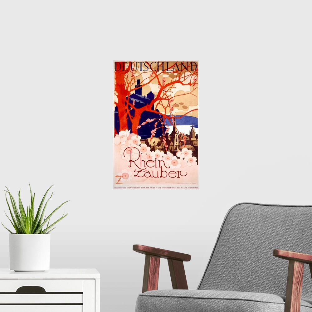 A modern room featuring Travel advertisement for Germany's river valley, done in a screen-printed style with an orange tr...