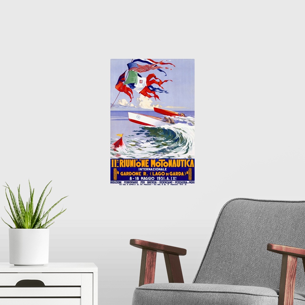 A modern room featuring Riunione Montonautica International Boat Race, Vintage Poster