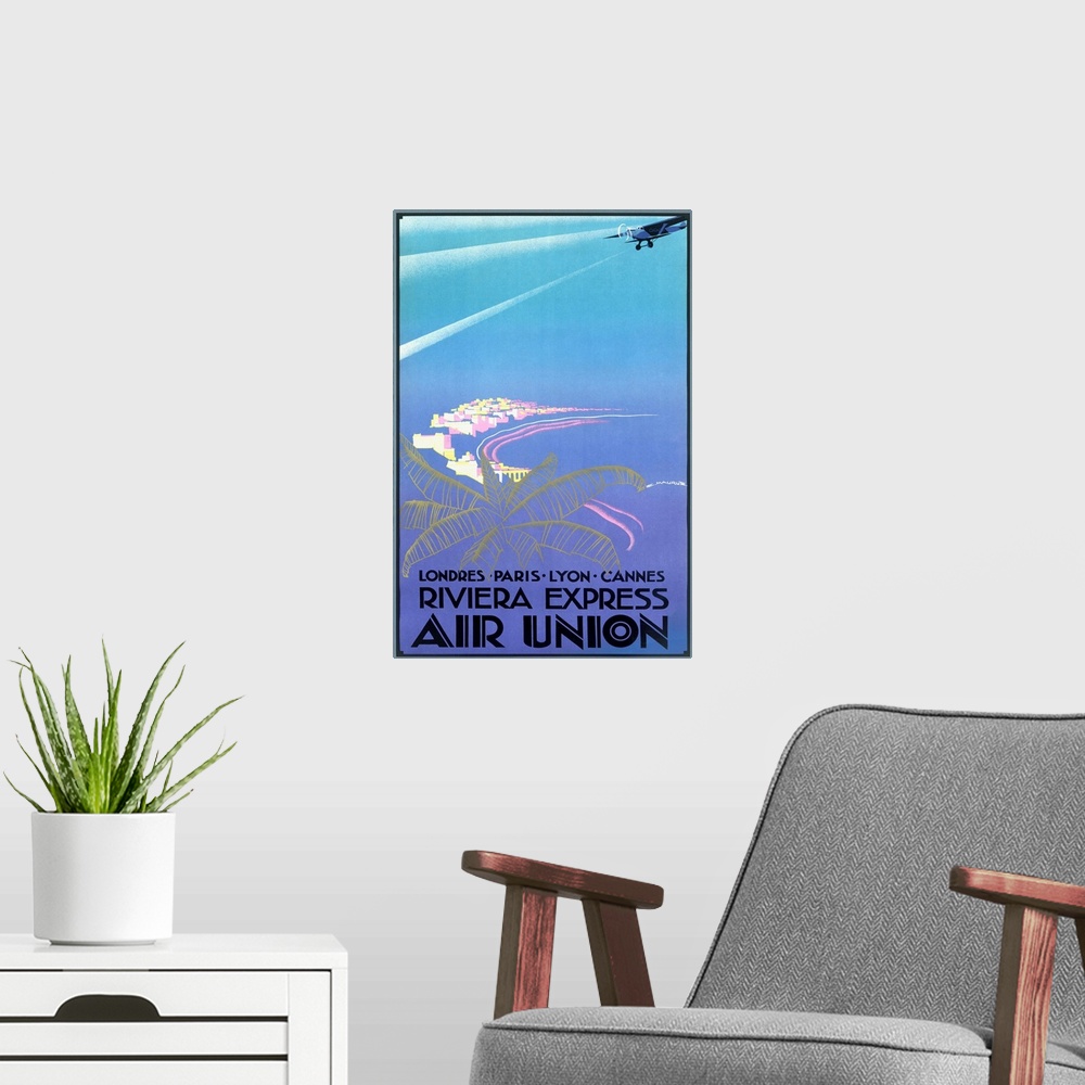 A modern room featuring Riviera Express Air Union, Vintage Poster