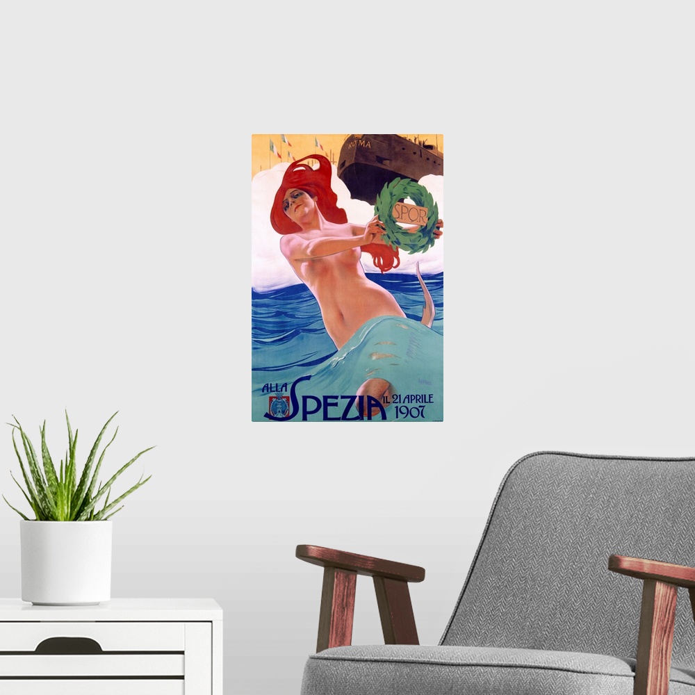 A modern room featuring Vintage poster of a partially nude woman standing in water with a ship just behind her and the wo...