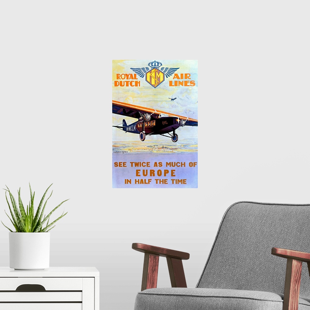 A modern room featuring Canvas wall art of an old advertisement for an airline company in Europe.