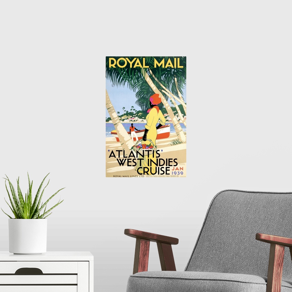 A modern room featuring Large, vertical vintage advertisement for Royal Mail, on the West Indies Cruise, Atlantis.  A wom...