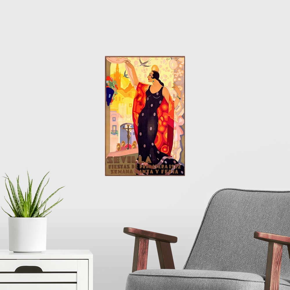 A modern room featuring Vintage poster of a tall Spanish woman wearing a polka dot gown as she lifts a curtain to look ou...