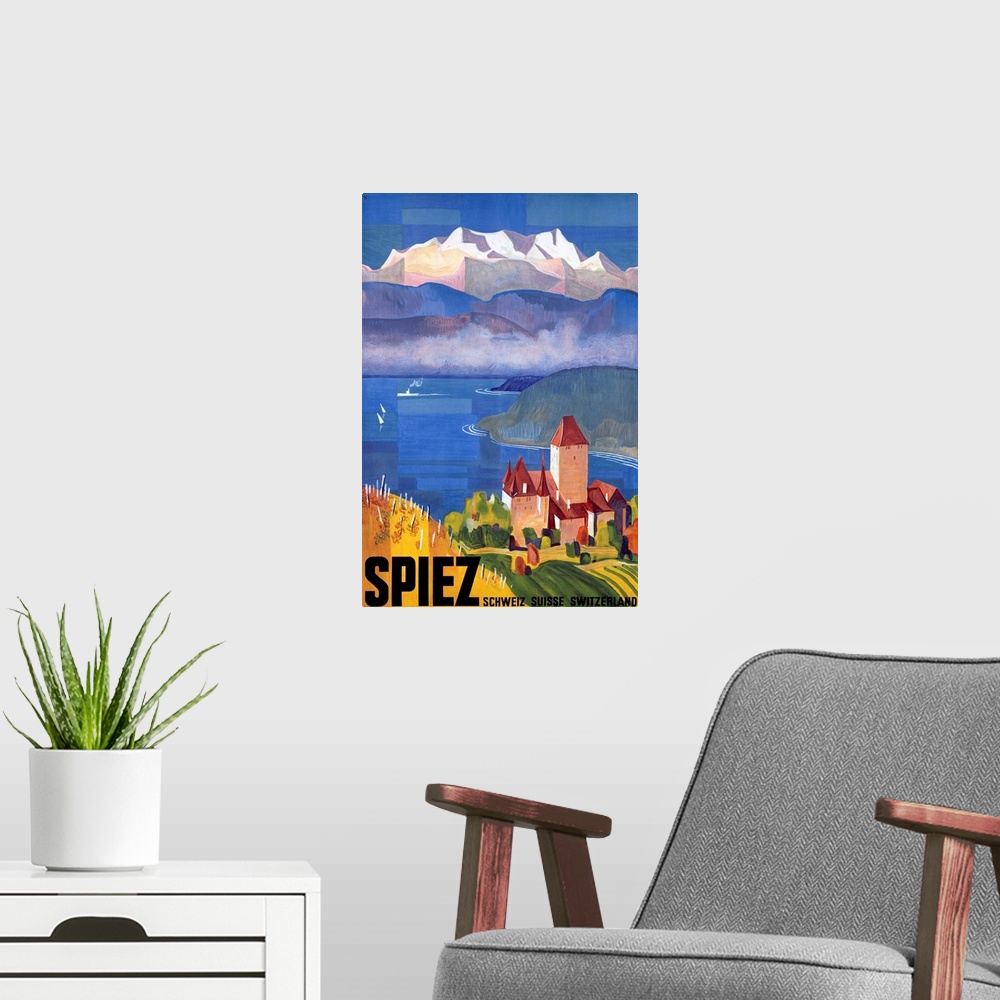 A modern room featuring Vintage artwork of a castle that sits on a body of water looking out onto immense hills and mount...