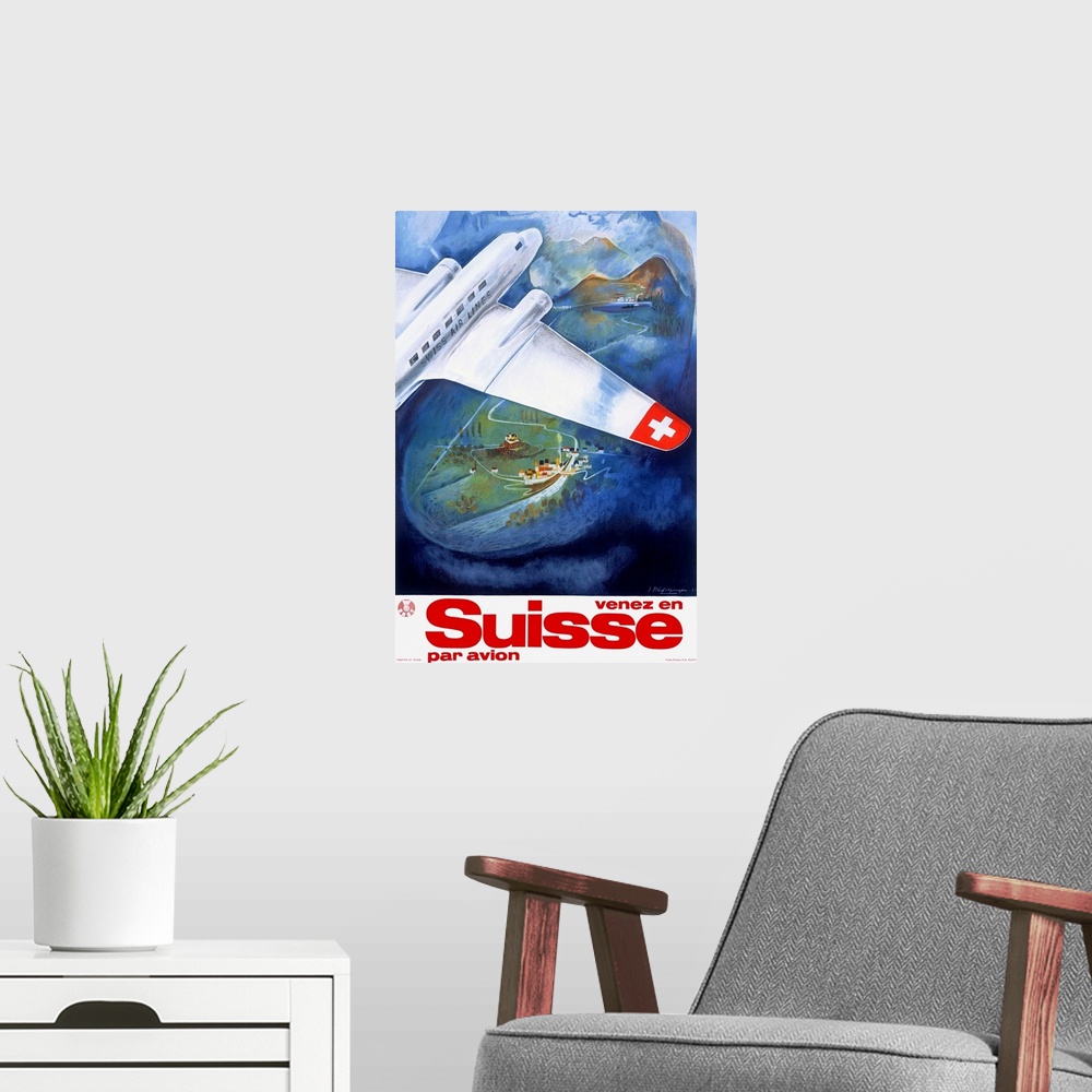 A modern room featuring Suisse, Par Avion, Vintage Poster