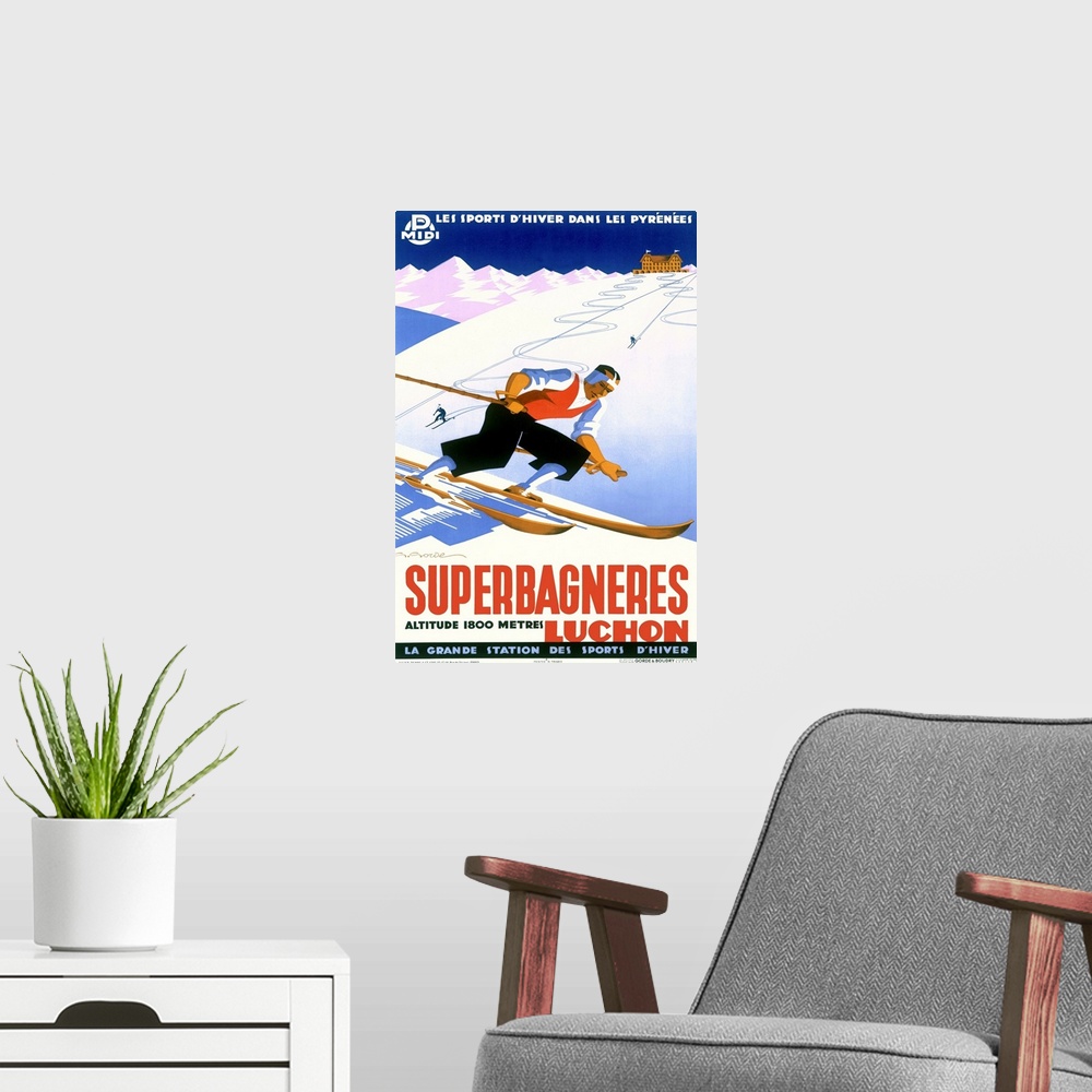 A modern room featuring Superbagneres, Skier, Vintage Poster, by Gaston Gorde