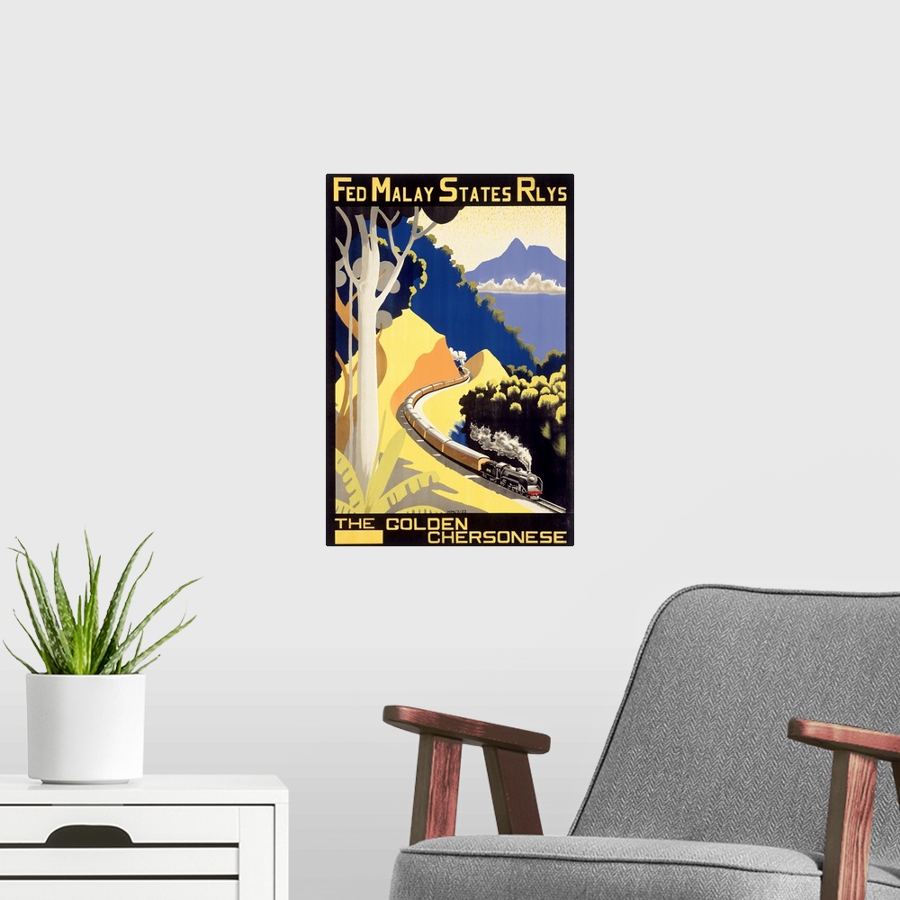 A modern room featuring The Golden Chersonese, Fed Malay States Rlys, Vintage Poster