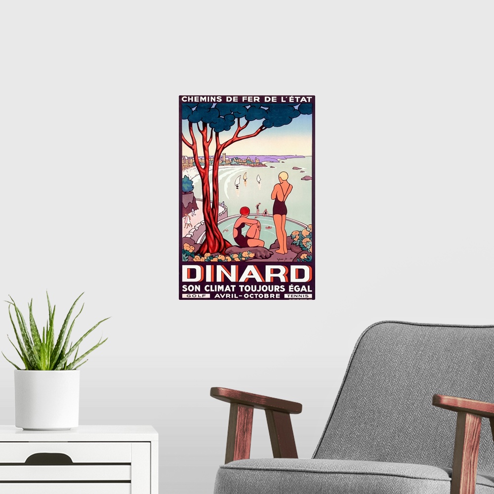 A modern room featuring Portrait vintage advertisement for the French State Railway, destination is Dinard.  Two people i...