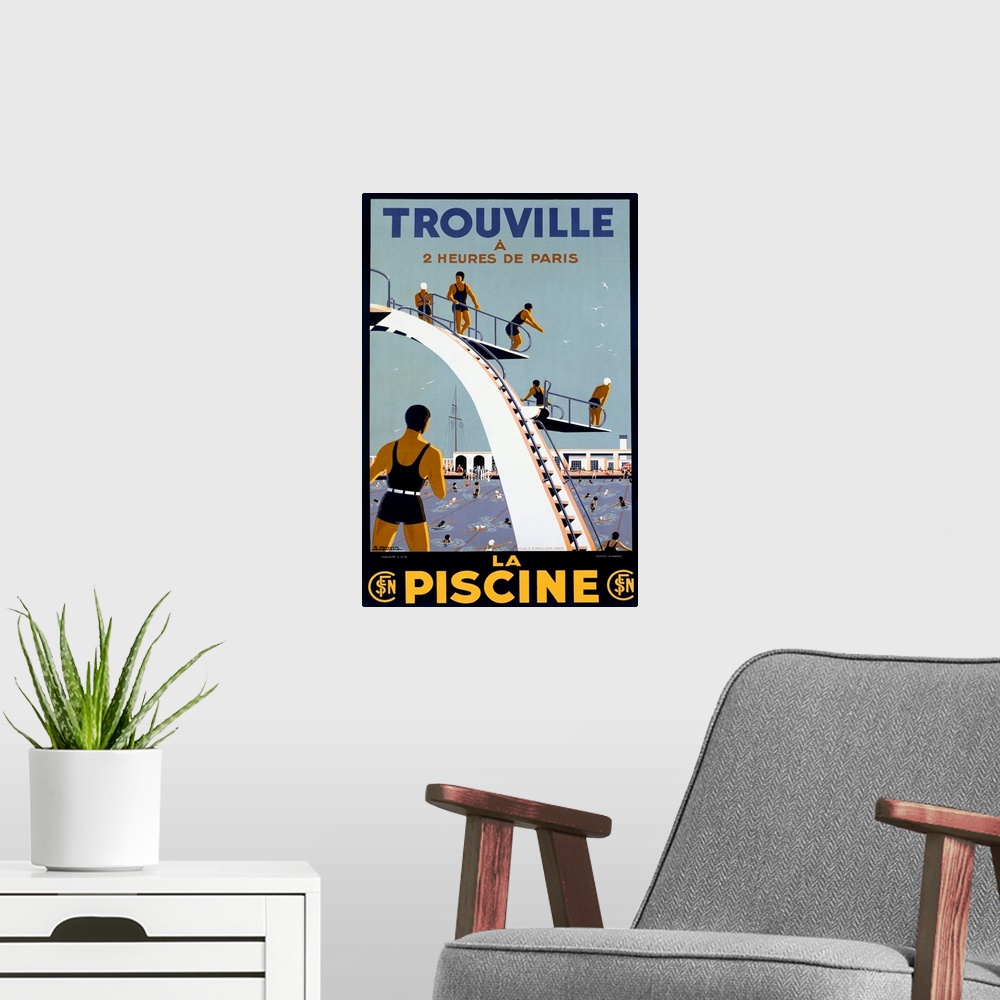 A modern room featuring Trouville, La Piscine, Vintage Poster, by Molusson