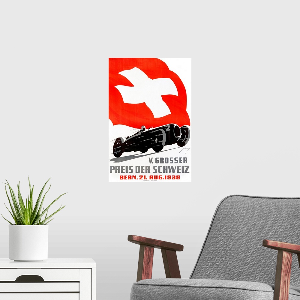 A modern room featuring Retro styled poster printed on canvas of a racecar.