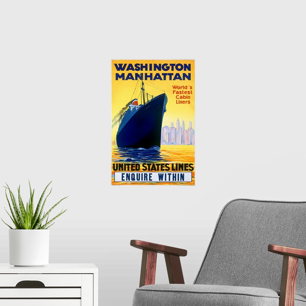 A modern room featuring Washington Manhattan, Worlds Fastest Cabin Liners, Vintage Poster