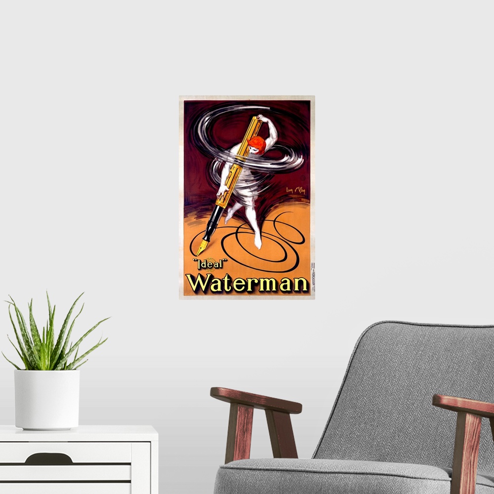 A modern room featuring This vintage art piece shows a man using a life size men twirling designs. The background contain...