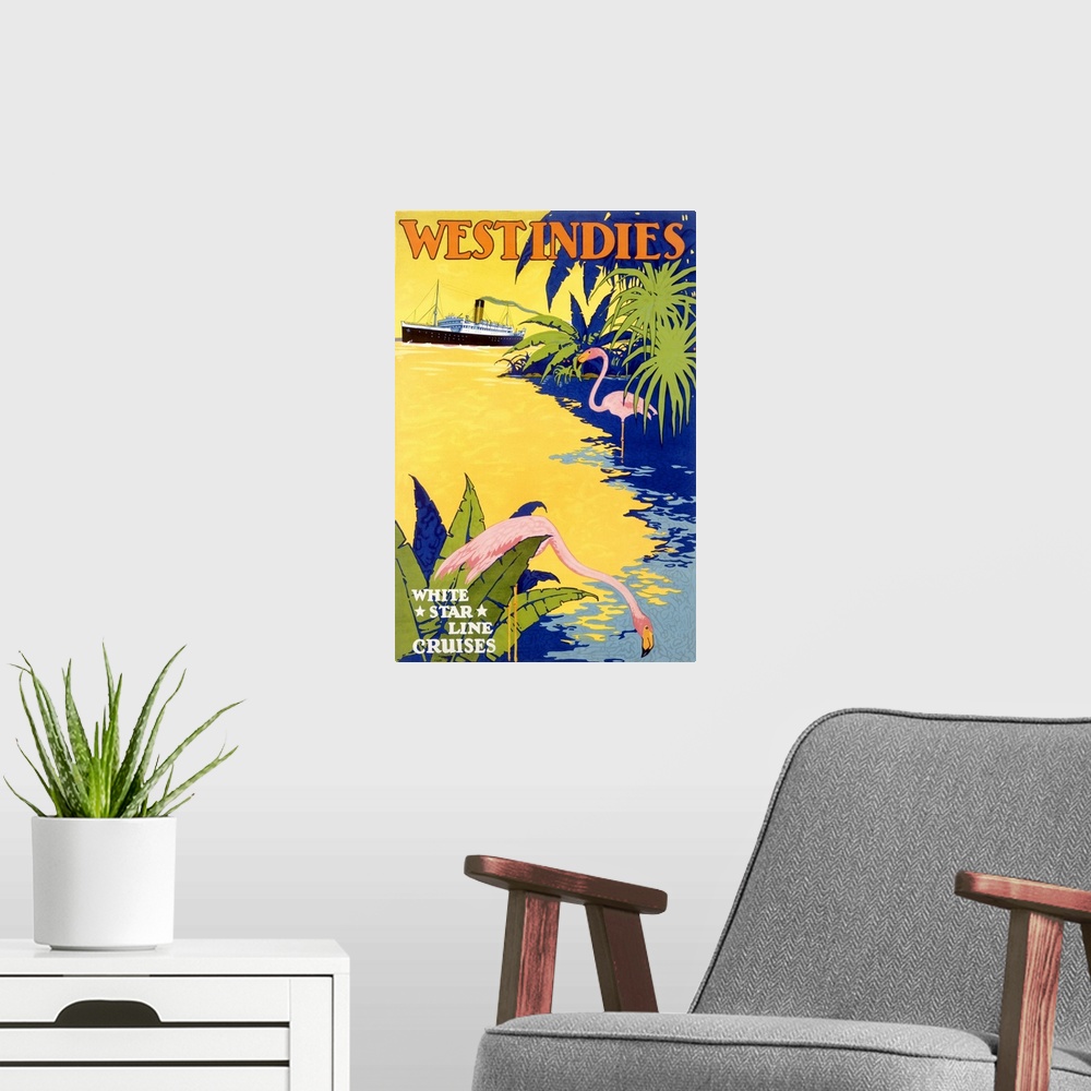A modern room featuring Old advertising poster for a cruise ship.  There is an image of two flamingos at the water's edge...