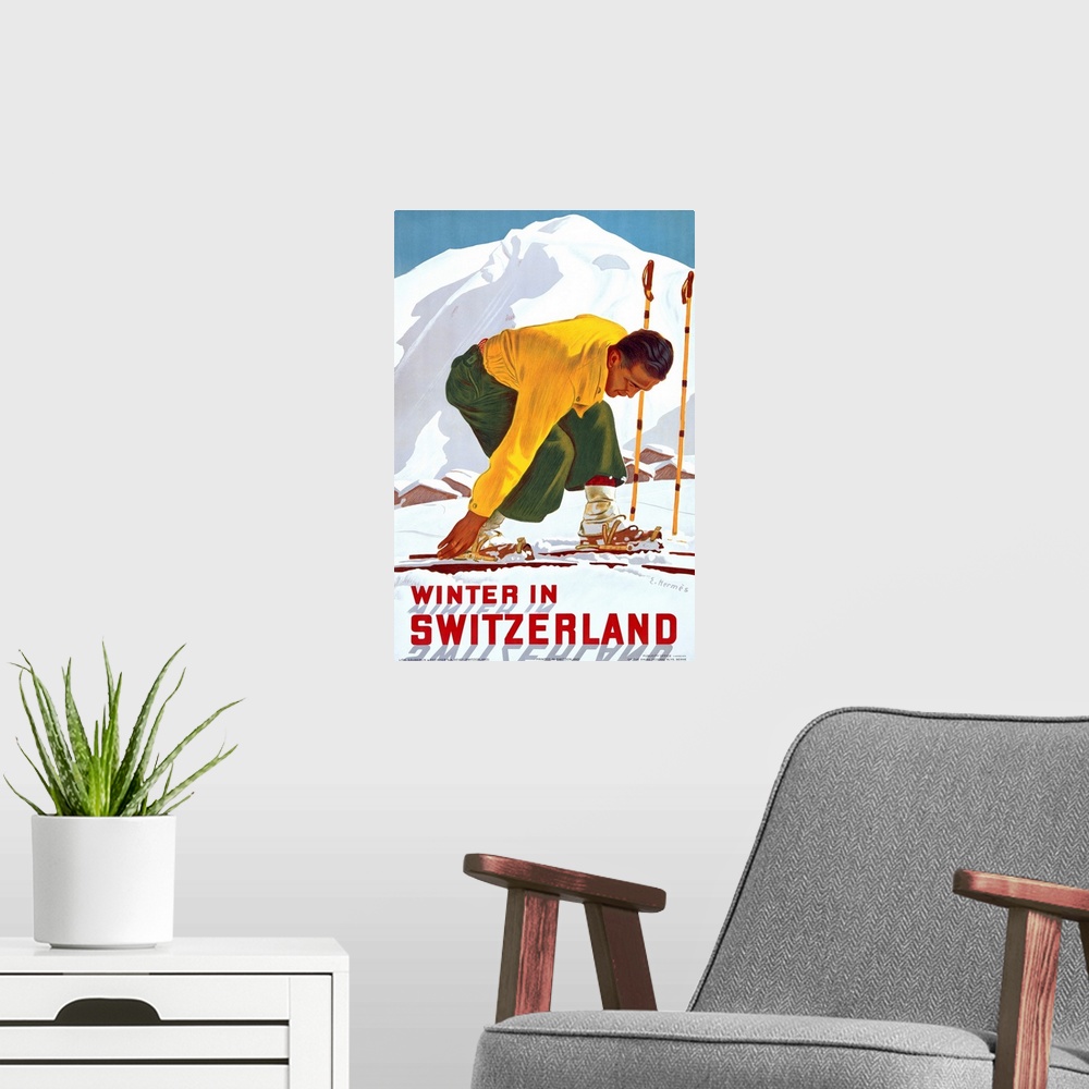 A modern room featuring Winter in Switzerland, Vintage Poster, by Erich Hermes