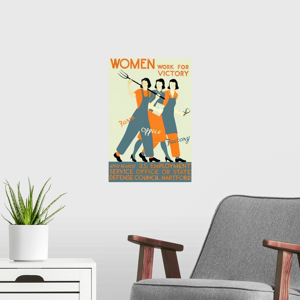 A modern room featuring Women, Work for Victory, Vintage Poster
