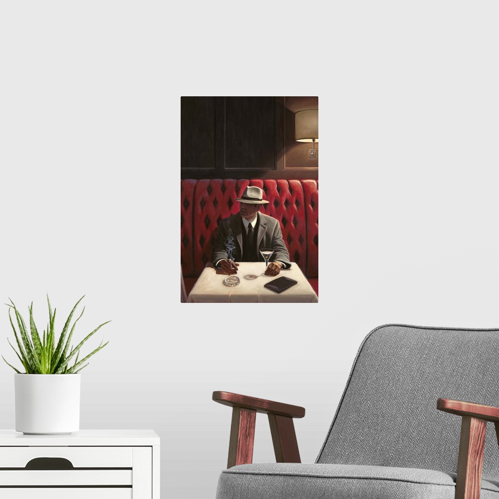 A modern room featuring Contemporary painting of a man at a restaurant looking sideways.