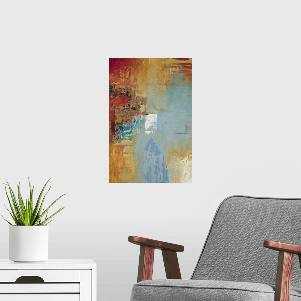 A modern room featuring Contemporary abstract artwork using rich earthy tones and textures, mixed with aqua blue tones.