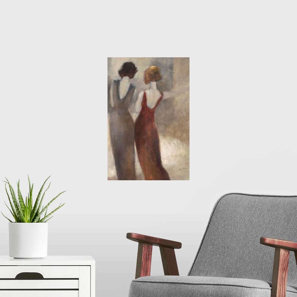 A modern room featuring Contemporary painting of two women in evening attire with backs turned to viewer.