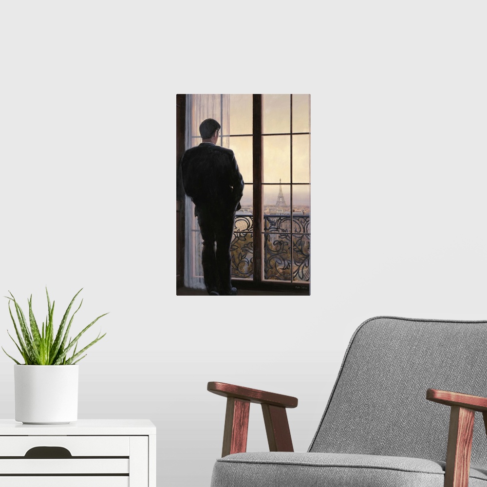 A modern room featuring Contemporary painting of a man looking out a window onto the city of Paris.