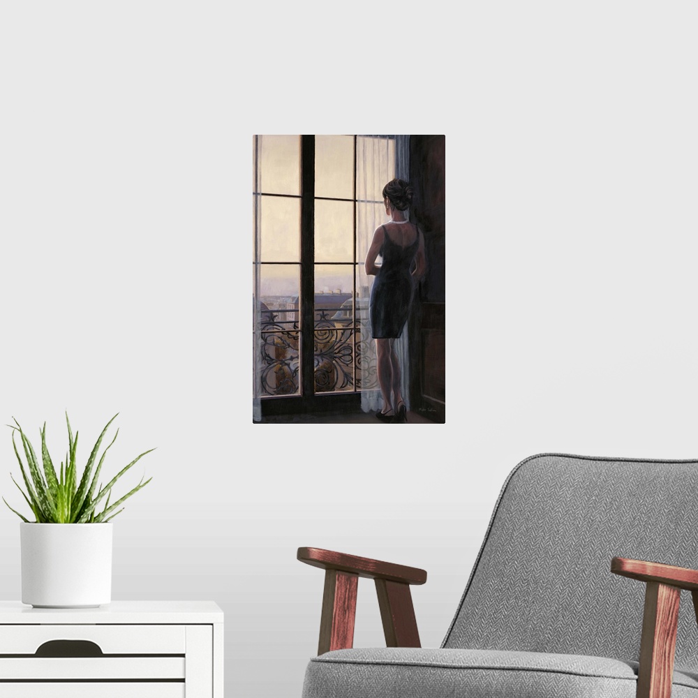 A modern room featuring Contemporary painting of a woman looking out a window onto the city of Paris.