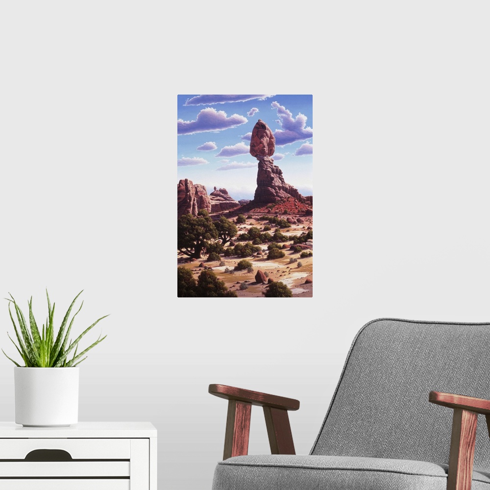 A modern room featuring A view of Balancing Rock in Arches National Park.
