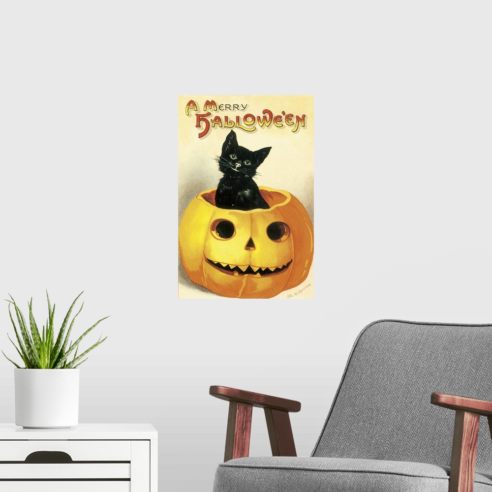 A modern room featuring A vintage illustration of a black kitten poking its head out from a smiling jack-o-lantern.