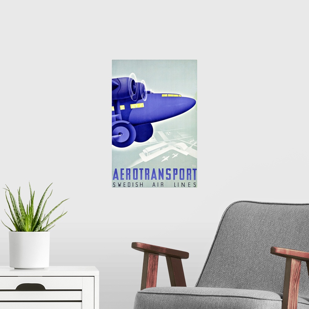A modern room featuring Vintage poster advertisement for Aerotransport.
