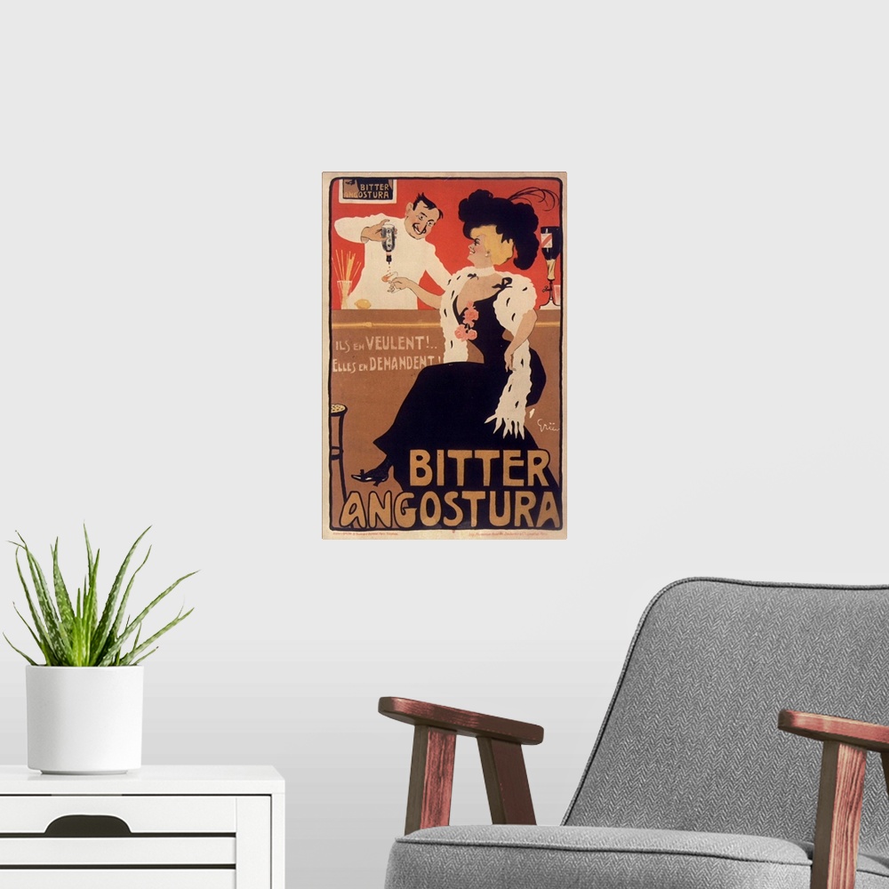 A modern room featuring Vintage poster advertisement for Angostora Bitters.