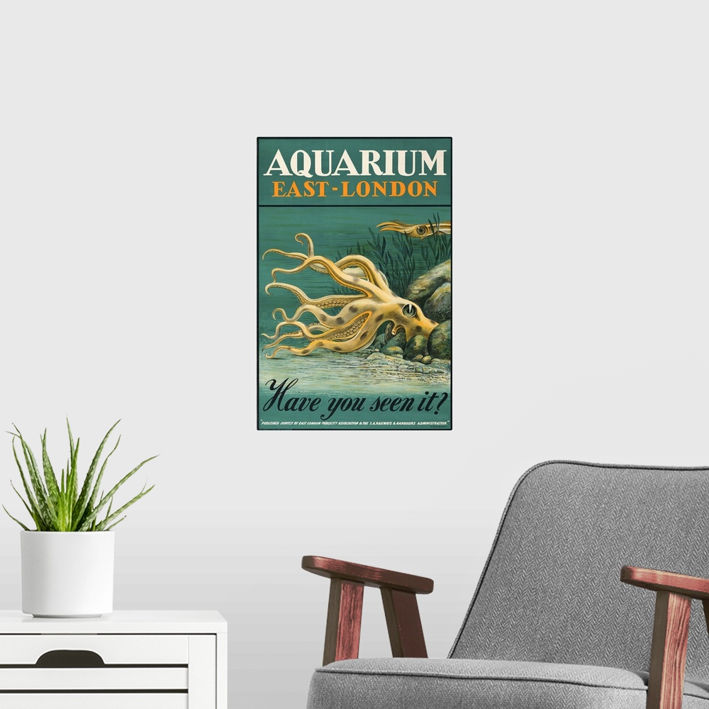 A modern room featuring Vintage poster advertisement for Aquarium East London.