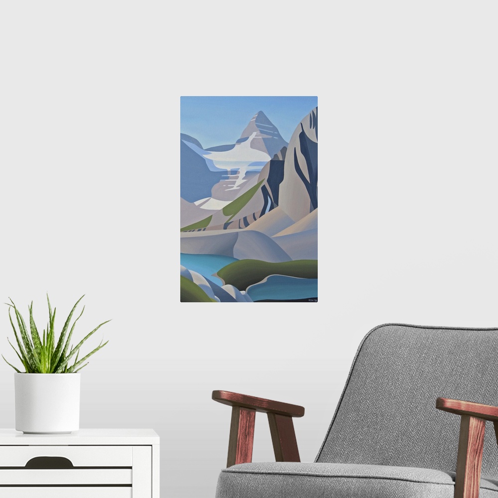 A modern room featuring Contemporary painting of mountain scape, with a lake at the base.
