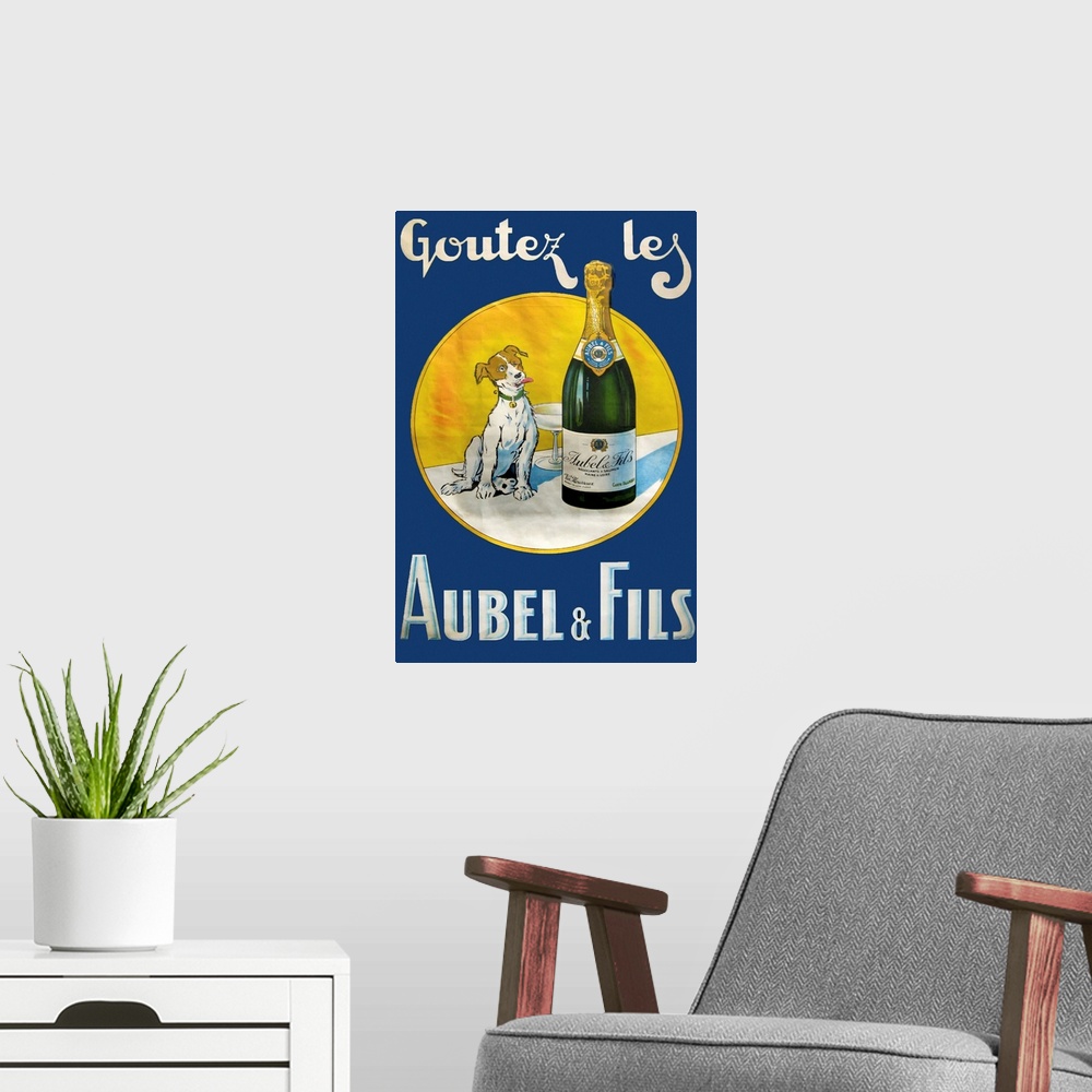A modern room featuring Vintage poster advertisement for Aubel.