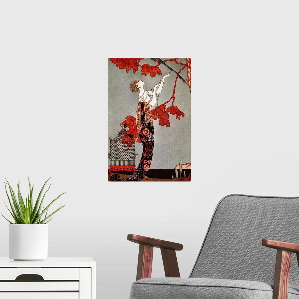 A modern room featuring Artwork of a vintage fashion illustration of a woman displaying a red dress.