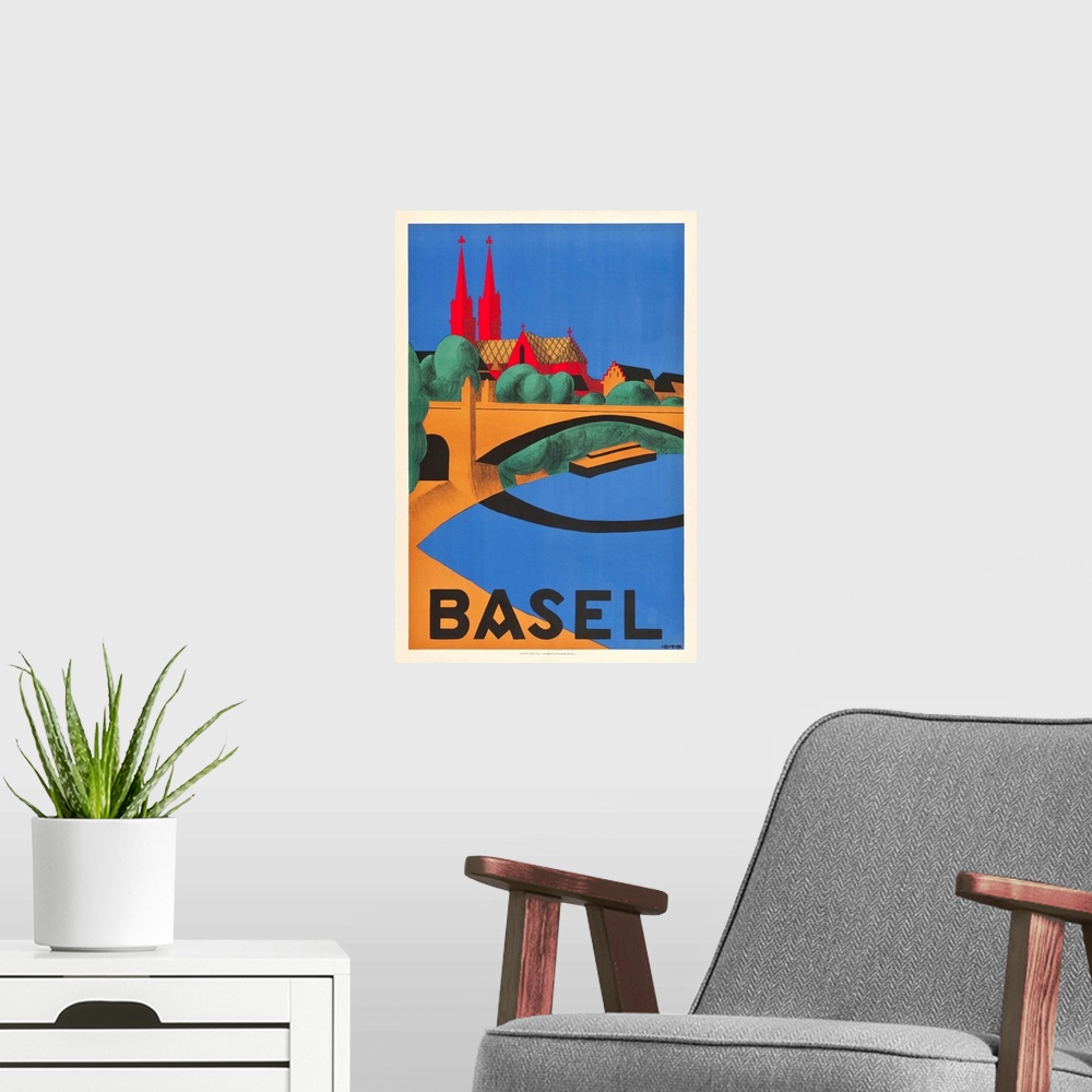 A modern room featuring Vintage travel advertisement for Basel, Switzerland.