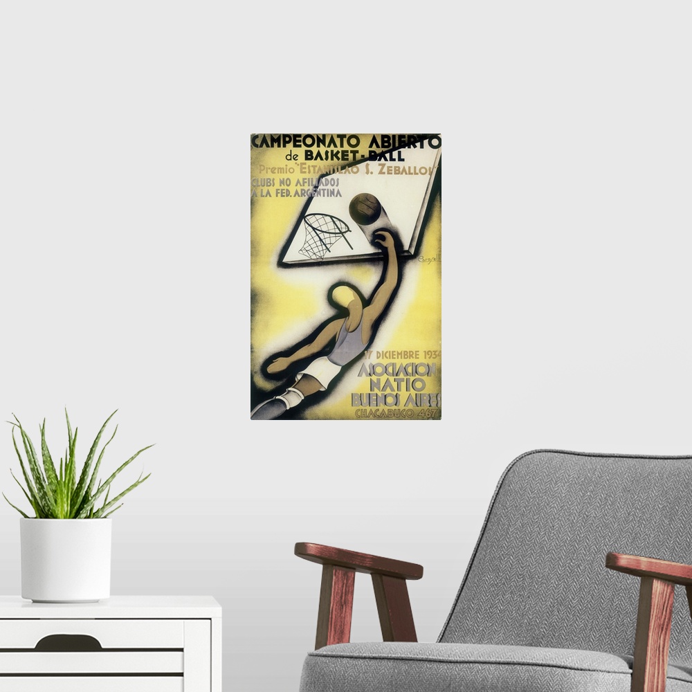 A modern room featuring Vintage poster advertisement for basketball.