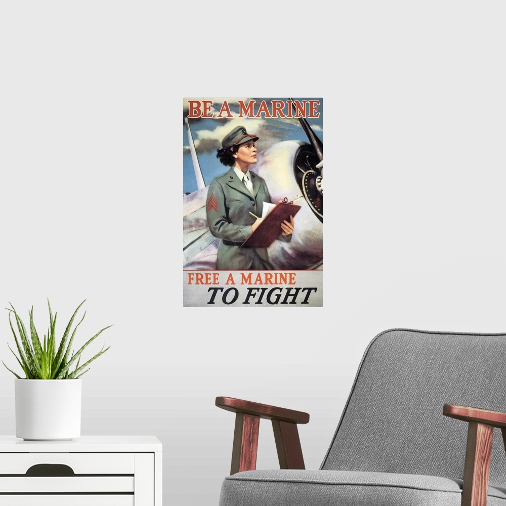 A modern room featuring Vintage propaganda artwork of a patriotic woman standing by a fighter plane.