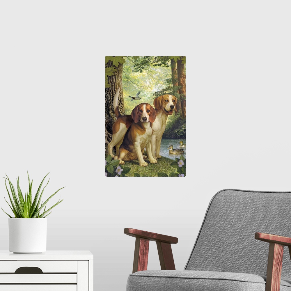 A modern room featuring Two beagles with ducks in the background in a forest.
