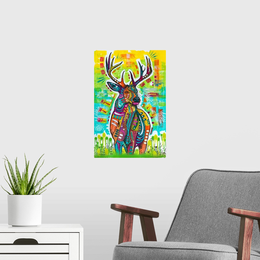 A modern room featuring Contemporary stencil painting of a deer filled with various colors and patterns.