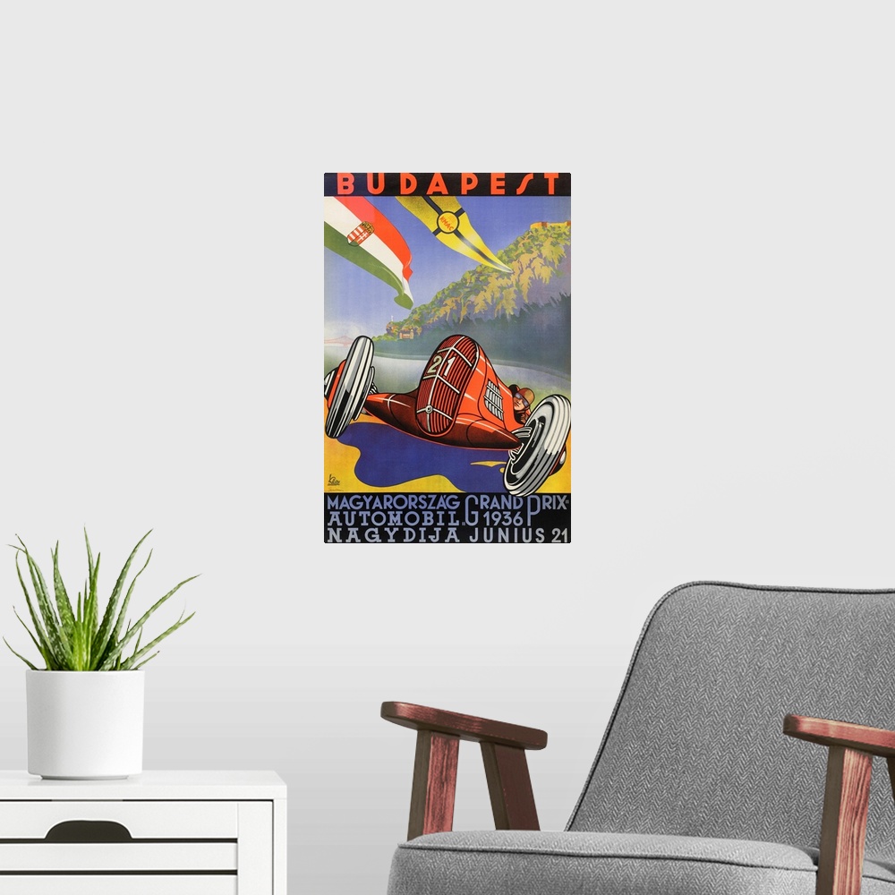 A modern room featuring Vintage poster advertisement for Budapest.