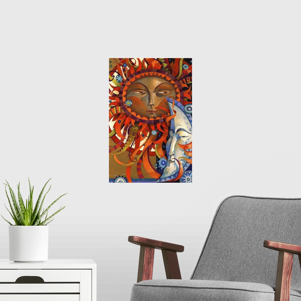 A modern room featuring Contemporary artwork of a sun with a face and sun rays fanning out in all directions, next to a m...