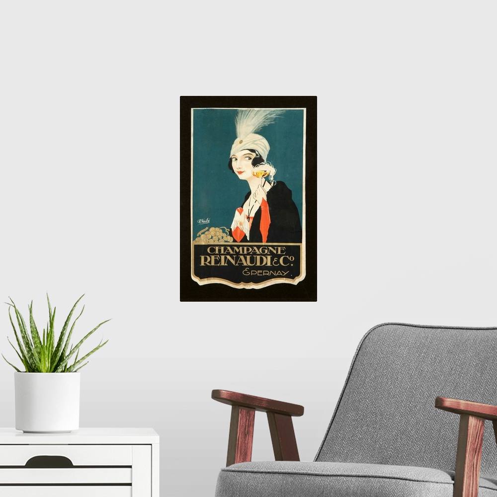 A modern room featuring Vintage poster advertisement for Champagne Renaudi.