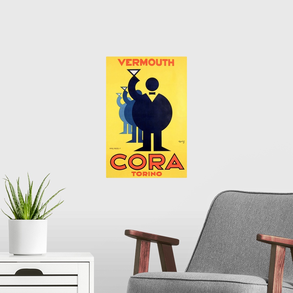 A modern room featuring Vintage poster advertisement for Cora Vermouth.