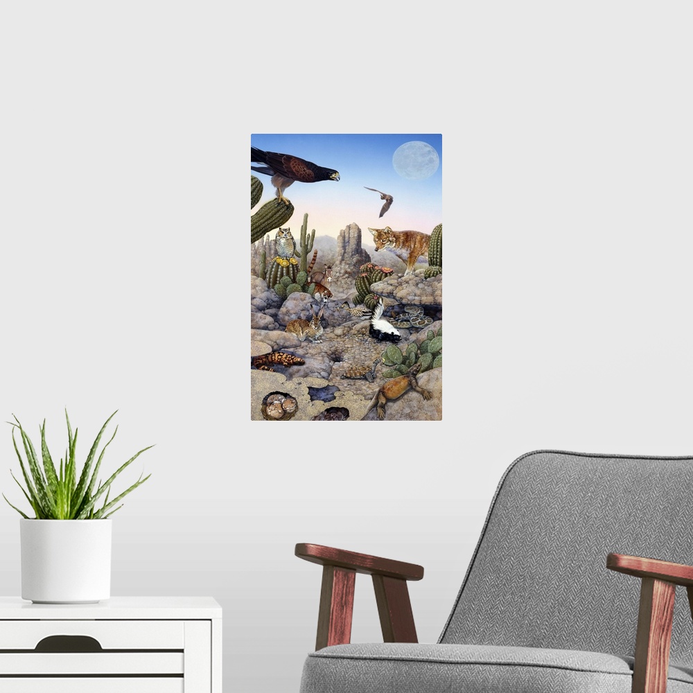 A modern room featuring Desert scene with falcon and cactus, a fox and other desert animals