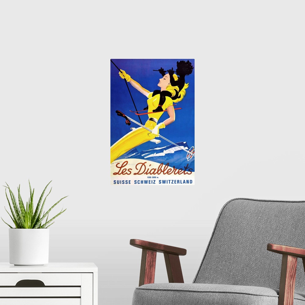 A modern room featuring Vintage poster advertisement for Diablerets
