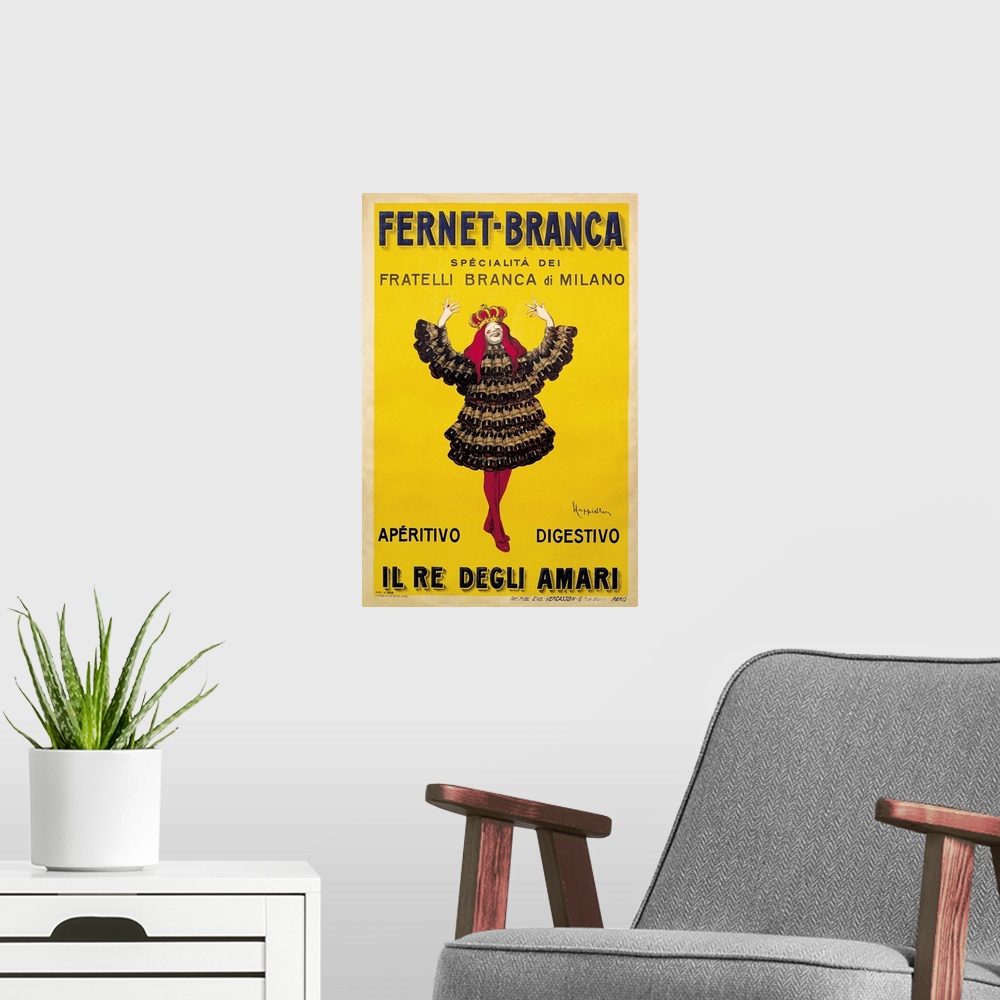 A modern room featuring Vintage advertisement artwork for Fernet Branca Yellow.